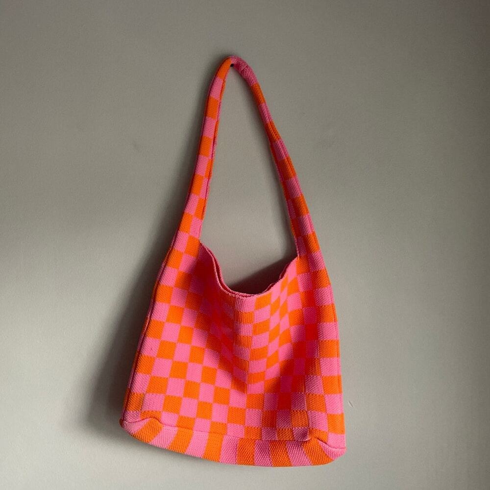 Kopari Knit Mini Tote Pink Orange 11" tall x 13.5" wide Retro Funky Checkered - Picture 4 of 7